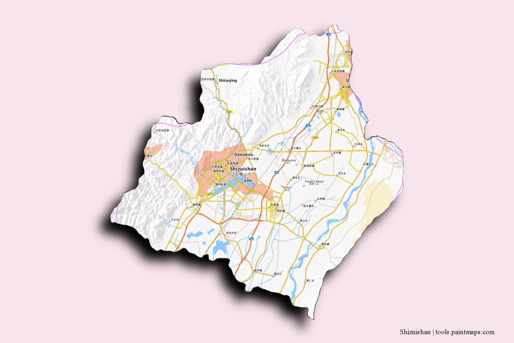 Mapa de barrios y pueblos de Shizuishan con efecto de sombra 3D