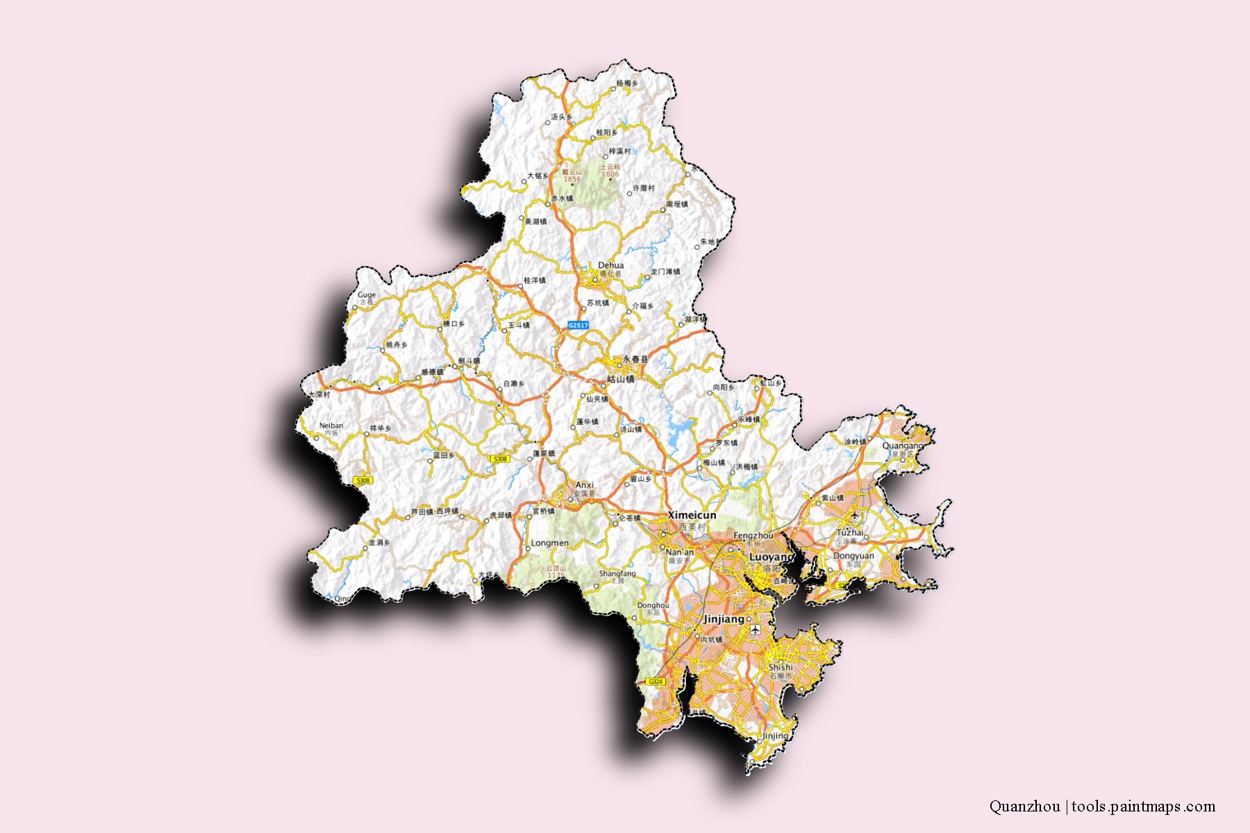 Quanzhou neighborhoods and villages map with 3D shadow effect