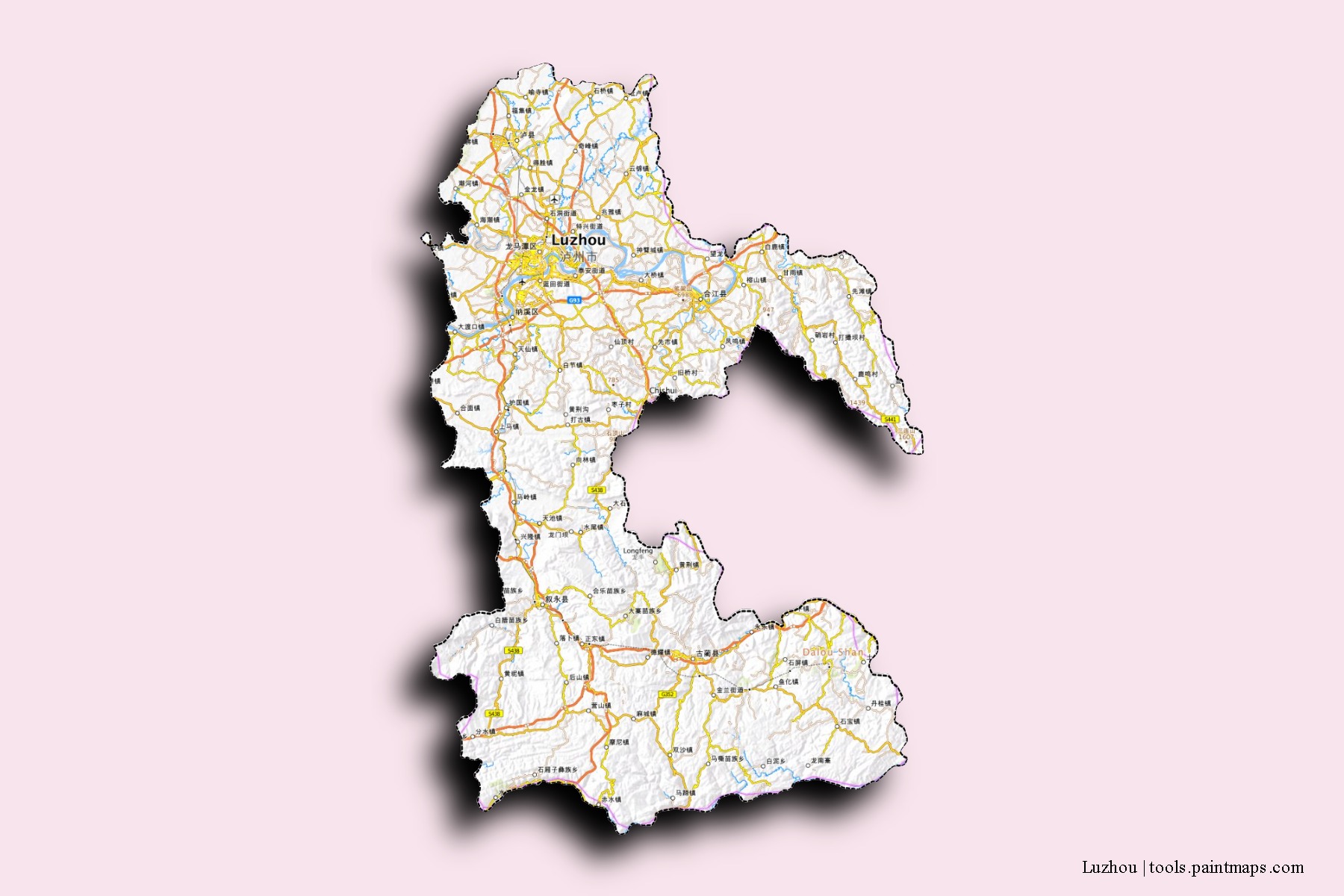 Mapa de barrios y pueblos de Luzhou con efecto de sombra 3D