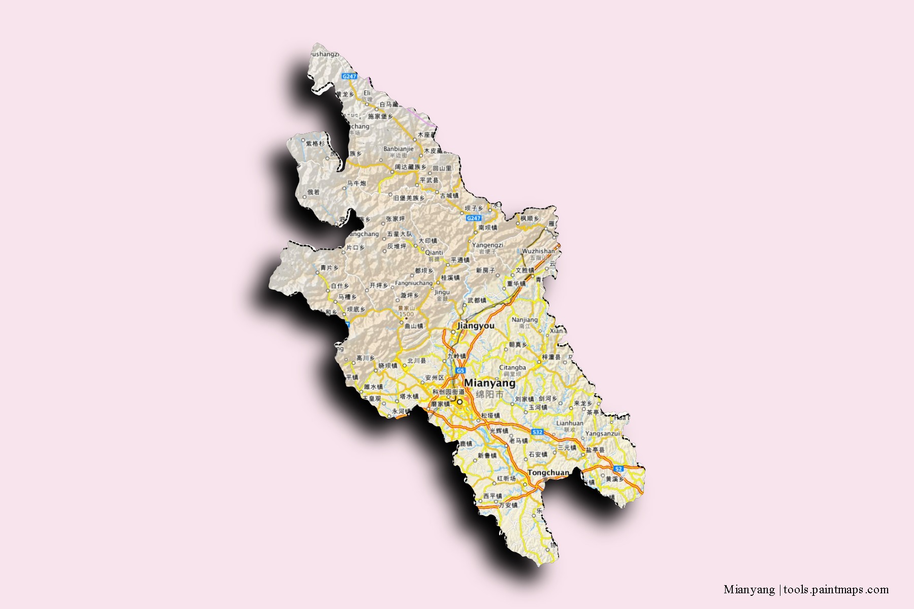 Mapa de barrios y pueblos de Mianyang con efecto de sombra 3D