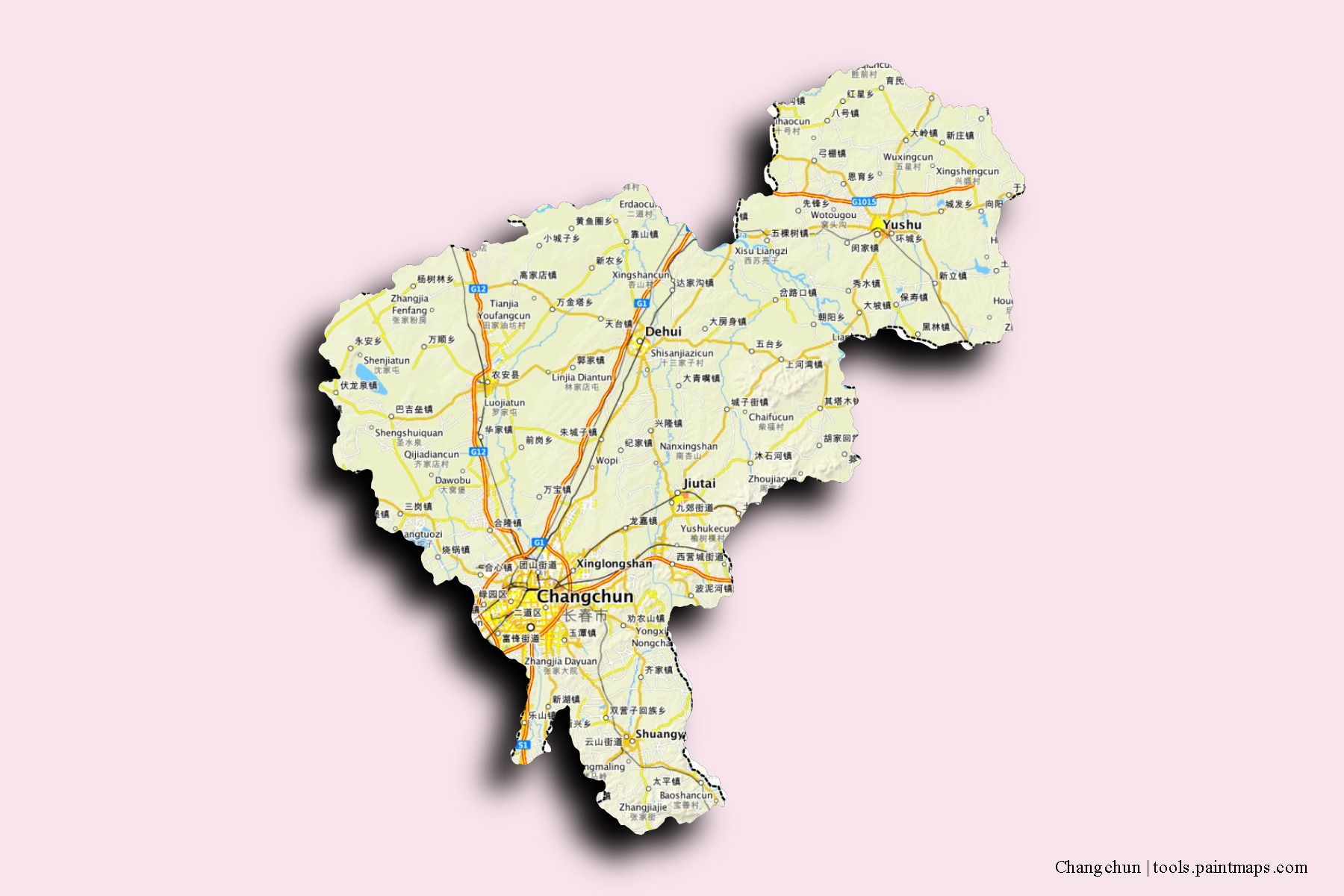 Mapa de barrios y pueblos de Changchun con efecto de sombra 3D