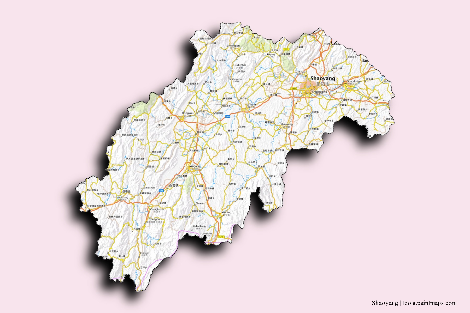 Mapa de barrios y pueblos de Shaoyang con efecto de sombra 3D