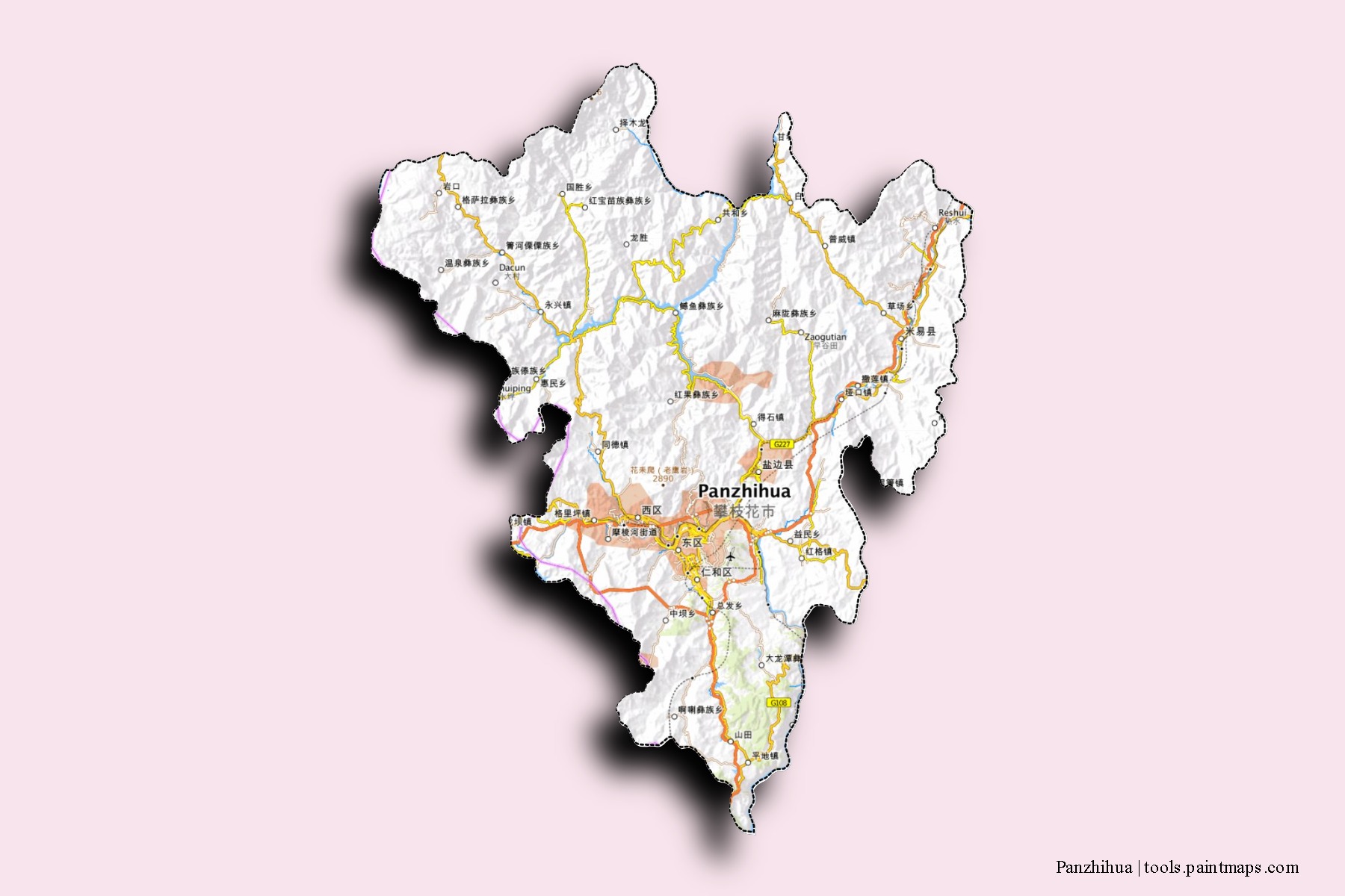 Mapa de barrios y pueblos de Panzhihua con efecto de sombra 3D