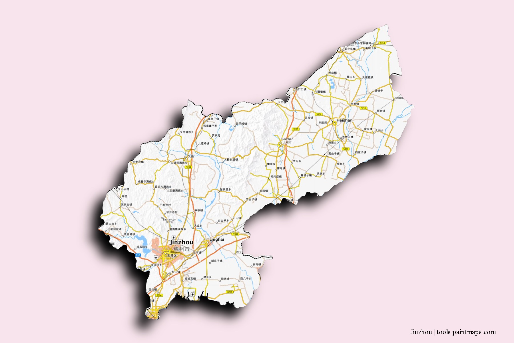 Mapa de barrios y pueblos de Jinzhou con efecto de sombra 3D