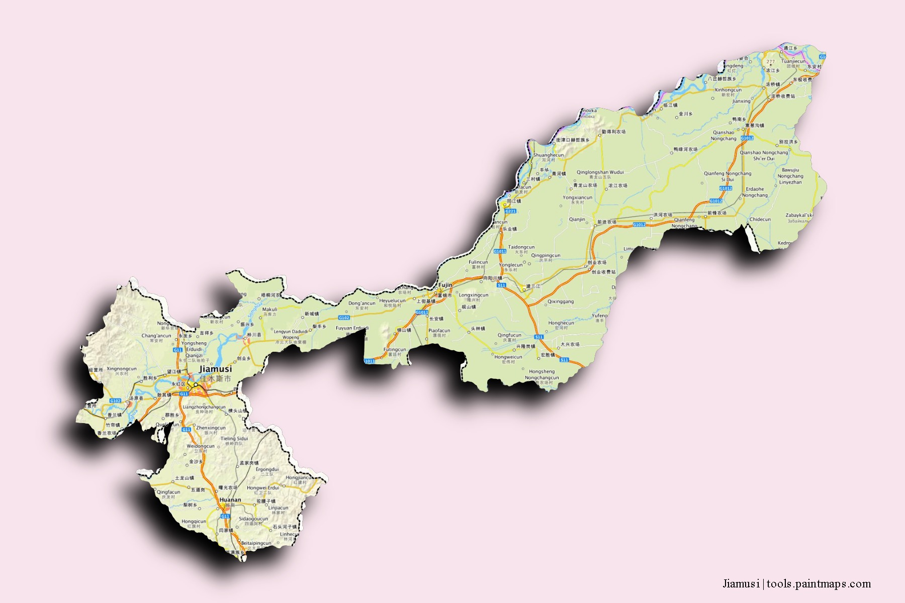 Jiamusi neighborhoods and villages map with 3D shadow effect