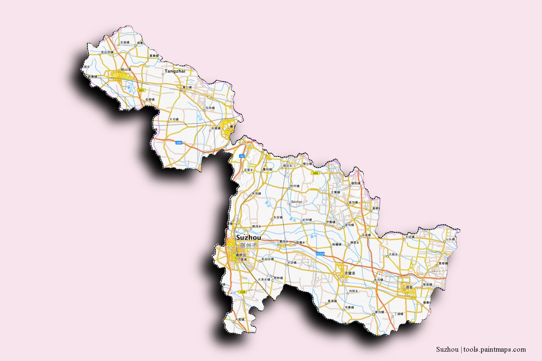 Mapa de barrios y pueblos de Suzhou con efecto de sombra 3D