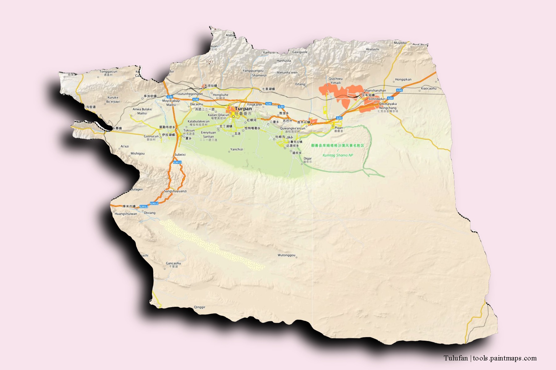 Mapa de barrios y pueblos de Tulufan con efecto de sombra 3D