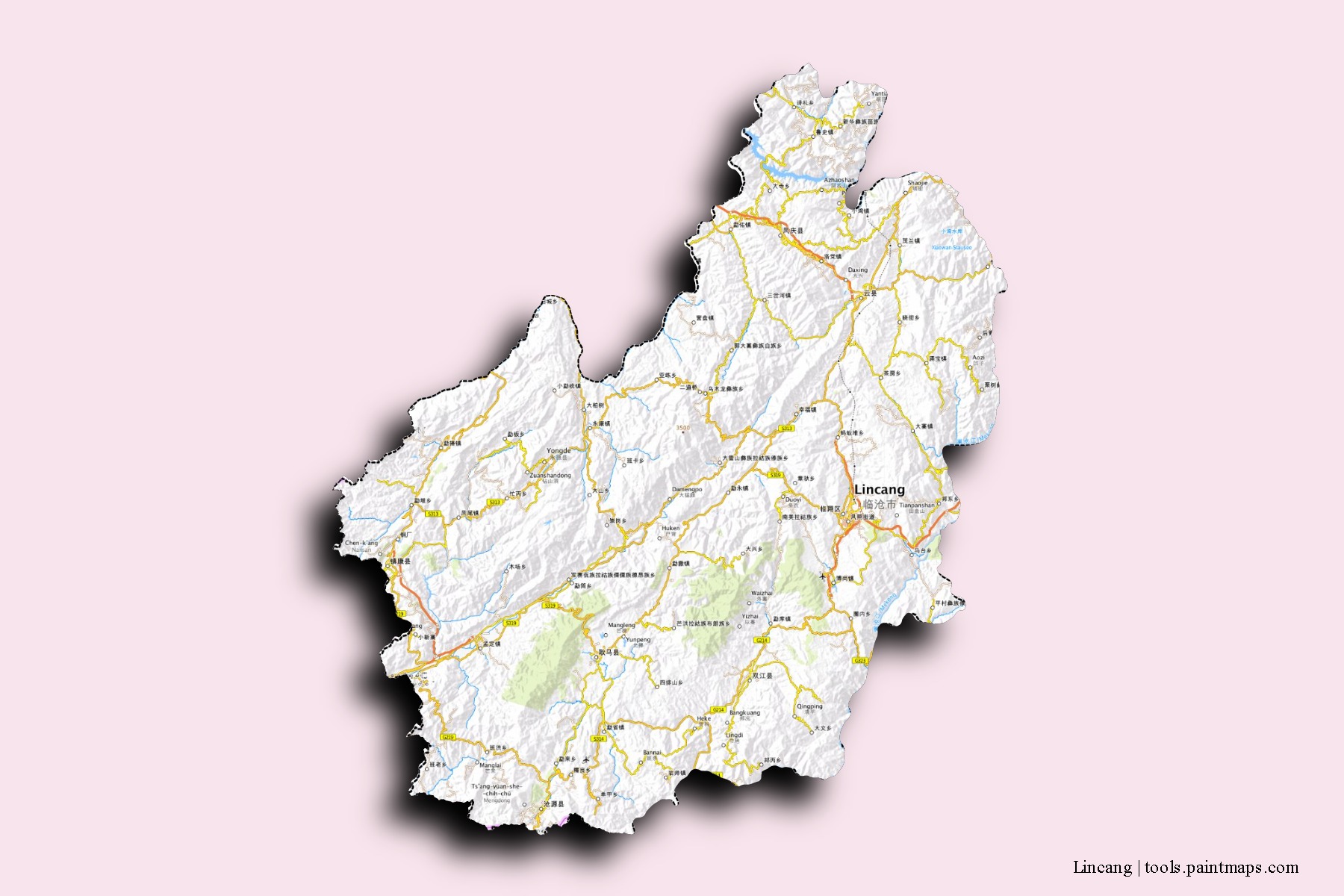 Mapa de barrios y pueblos de Lincang con efecto de sombra 3D