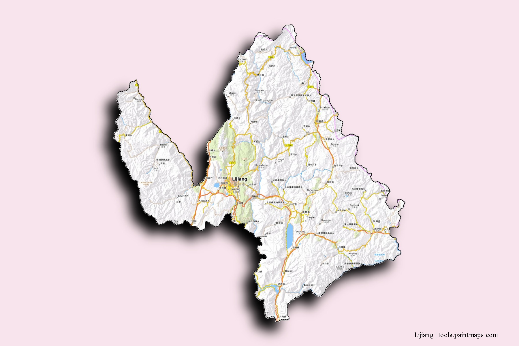 Mapa de barrios y pueblos de Lijiang con efecto de sombra 3D