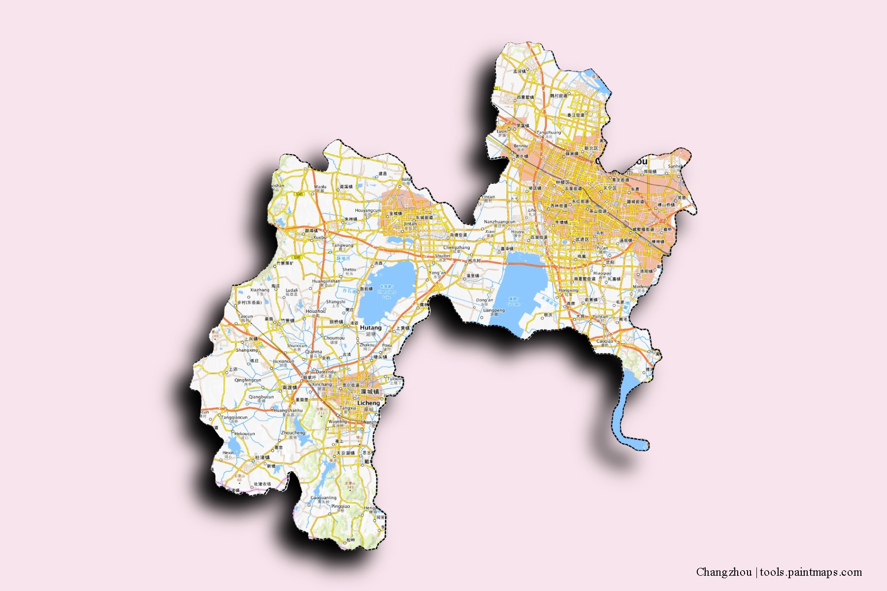 Changzhou neighborhoods and villages map with 3D shadow effect