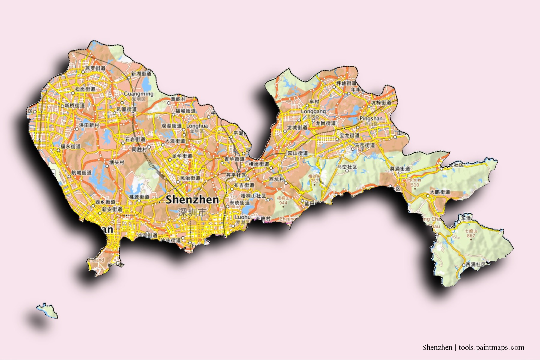 Shenzhen neighborhoods and villages map with 3D shadow effect