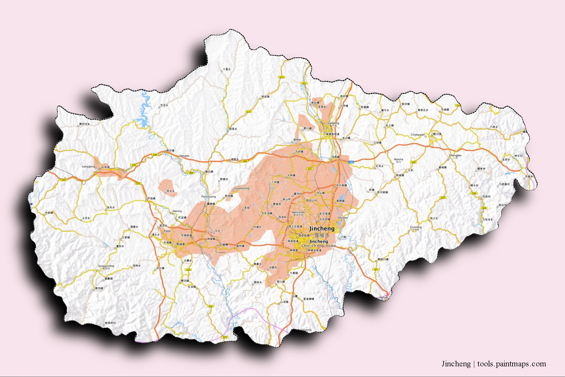 Mapa de barrios y pueblos de Jincheng con efecto de sombra 3D