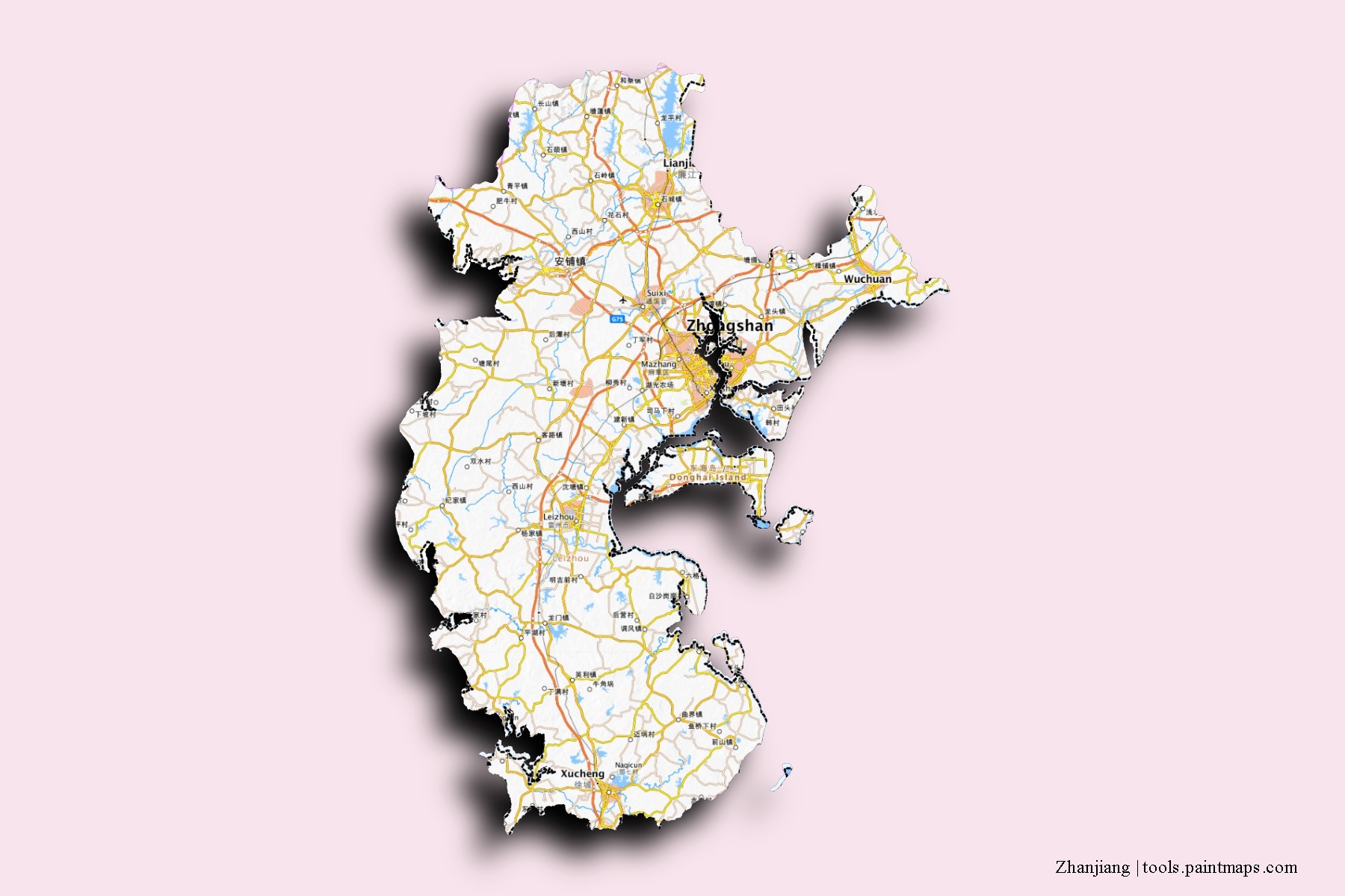 Mapa de barrios y pueblos de Zhanjiang con efecto de sombra 3D