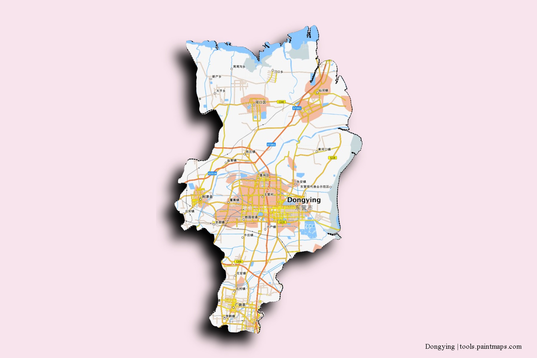 Mapa de barrios y pueblos de Dongying con efecto de sombra 3D