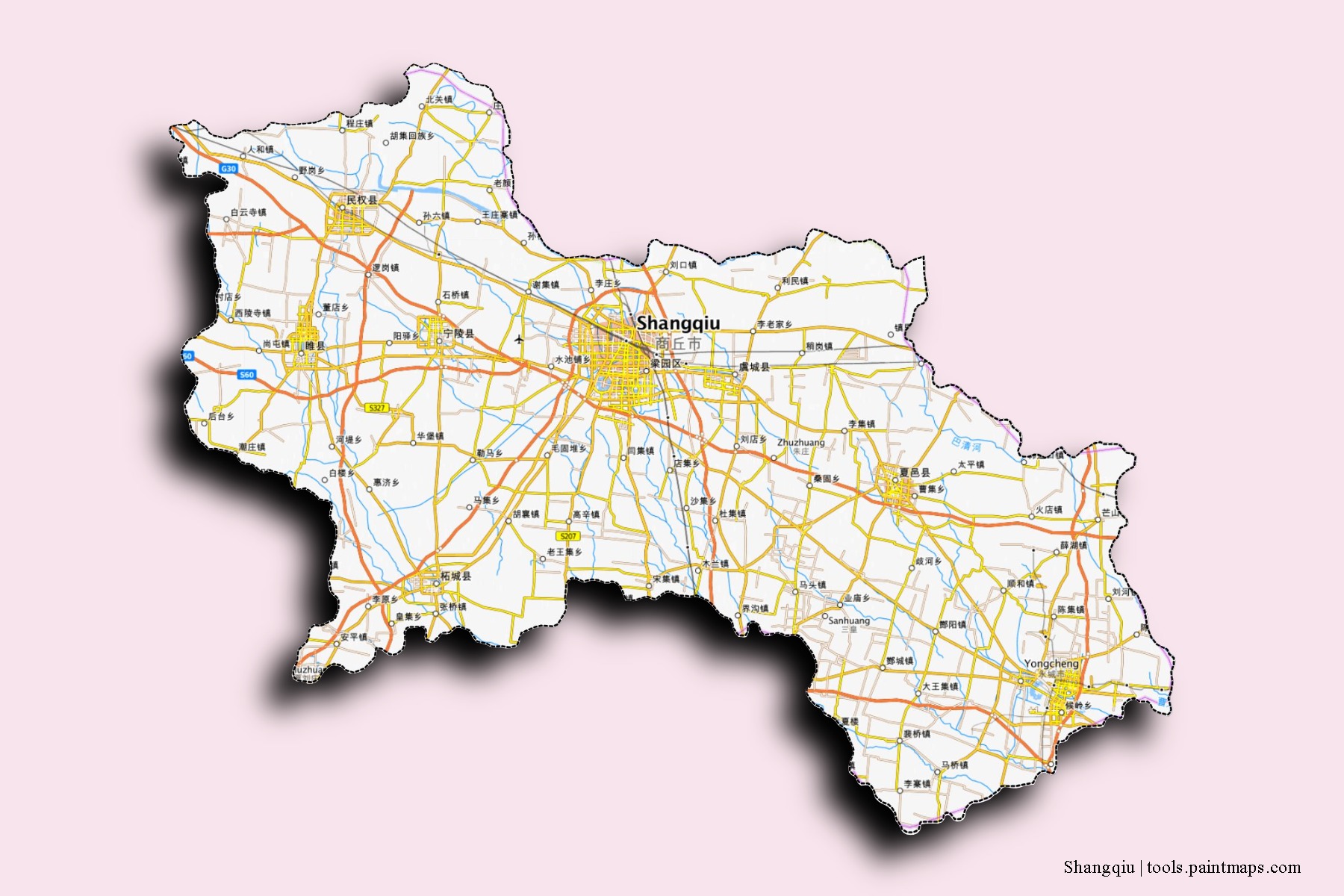 Mapa de barrios y pueblos de Shangqiu con efecto de sombra 3D