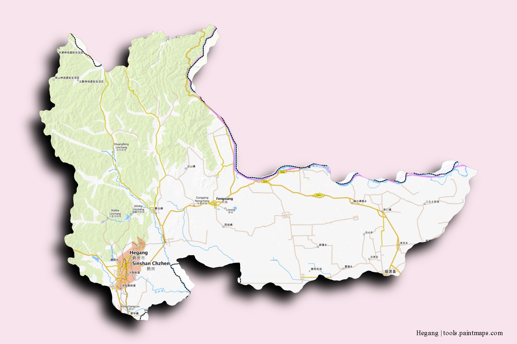 Hegang neighborhoods and villages map with 3D shadow effect