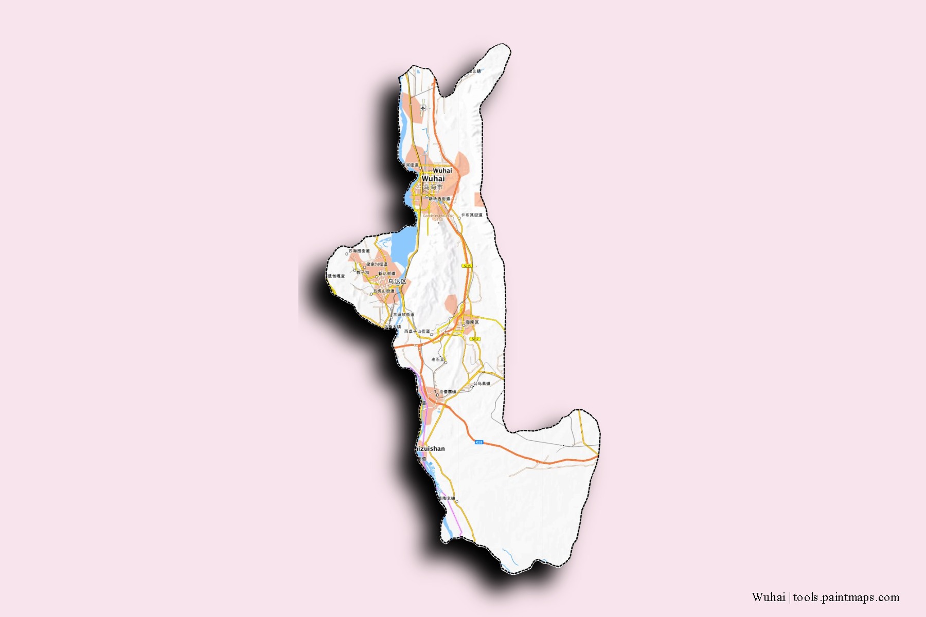 wuhai shi neighborhoods and villages map with 3D shadow effect