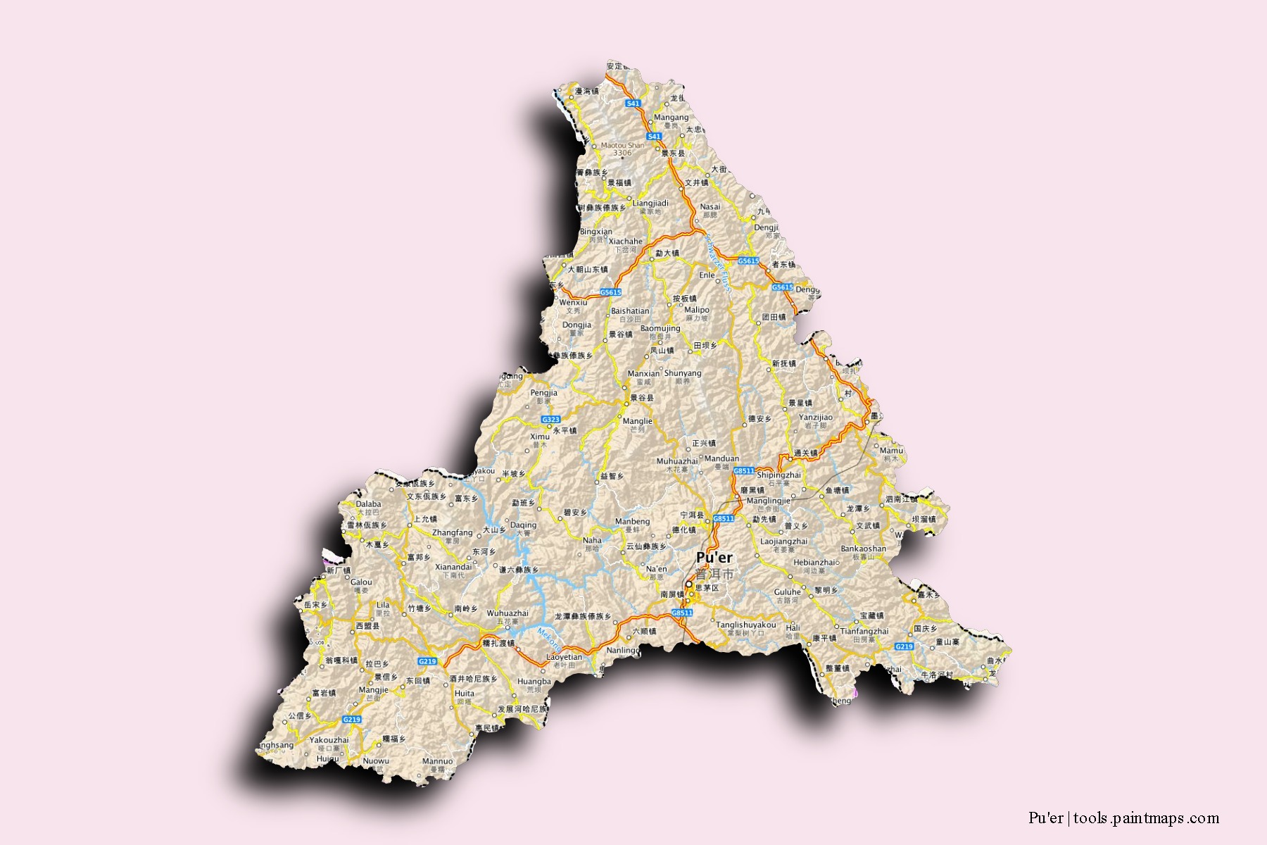 Pu'er neighborhoods and villages map with 3D shadow effect