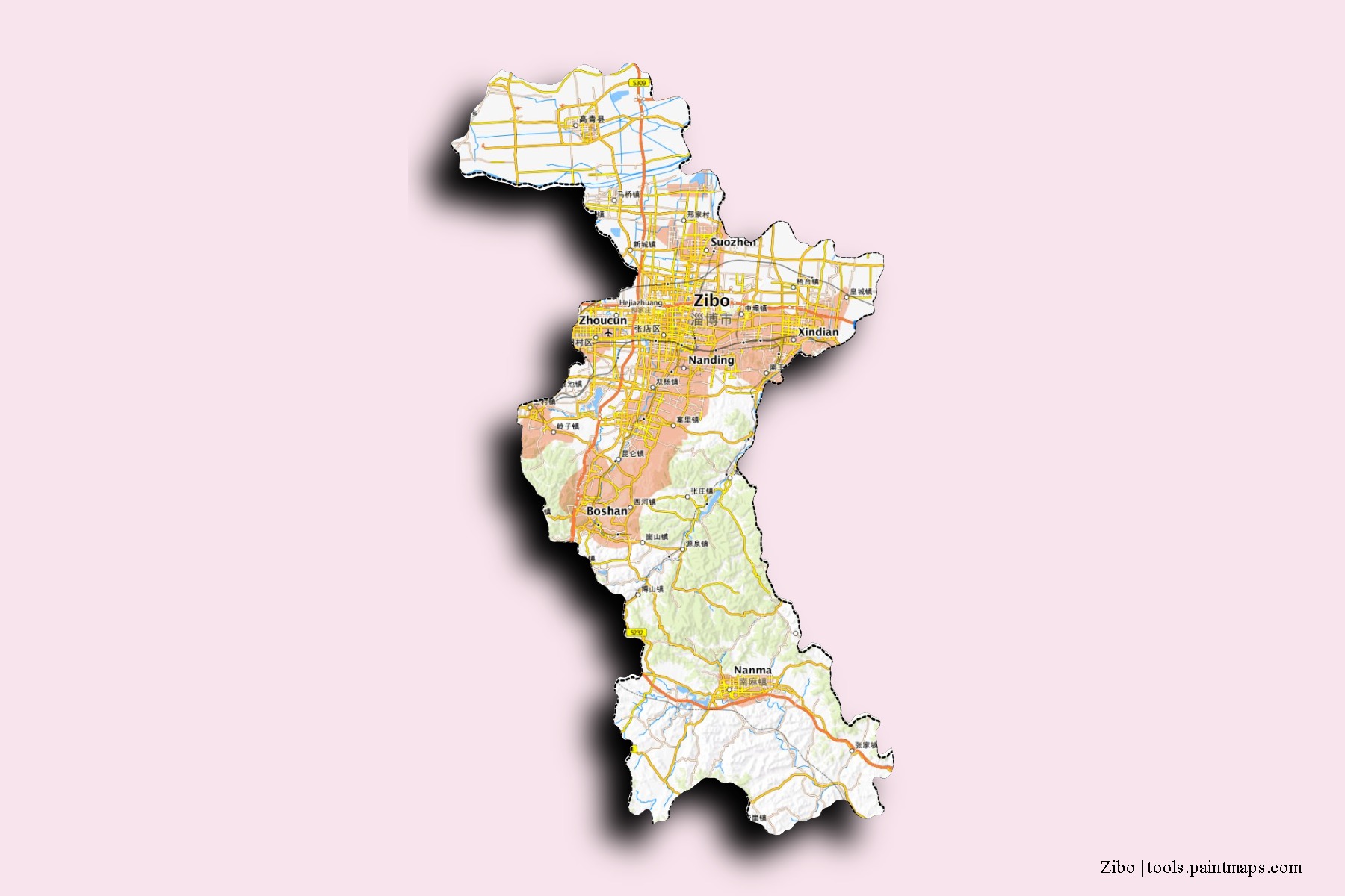 Zibo neighborhoods and villages map with 3D shadow effect