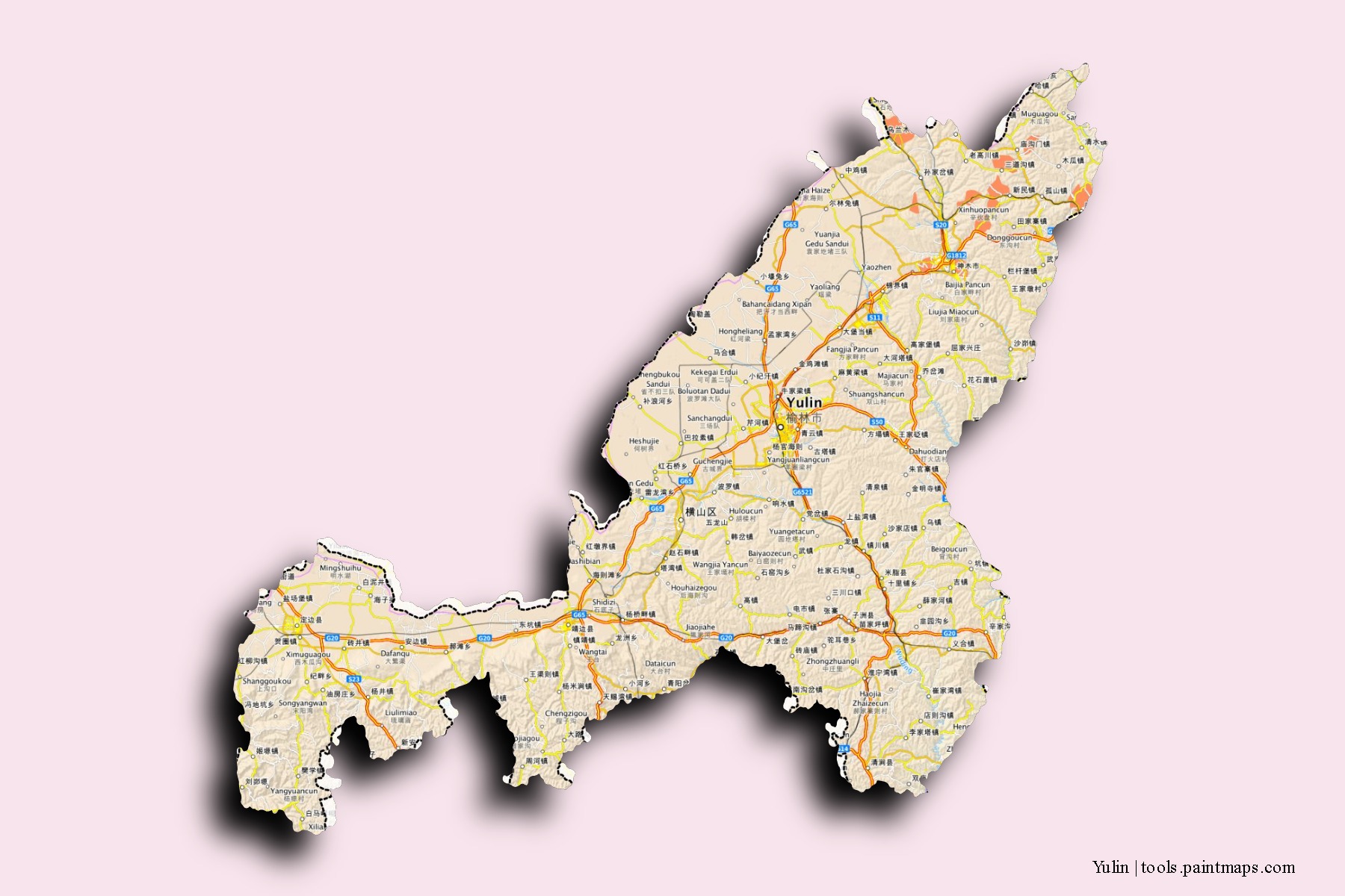 Mapa de barrios y pueblos de Yulin con efecto de sombra 3D