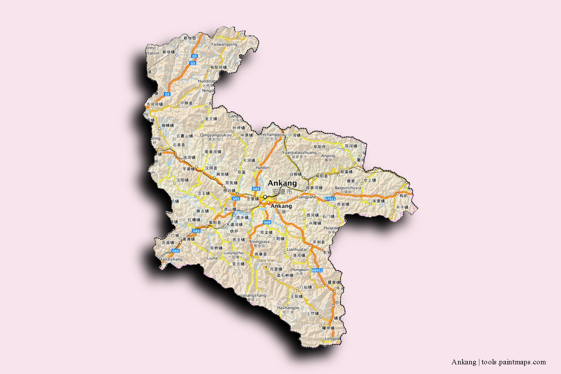 Mapa de barrios y pueblos de Ankang con efecto de sombra 3D