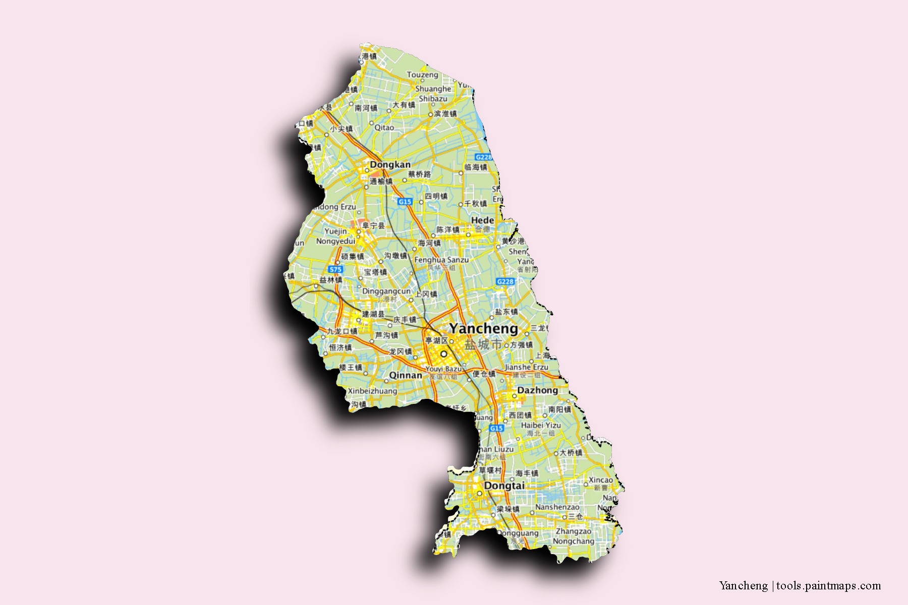 Yancheng neighborhoods and villages map with 3D shadow effect