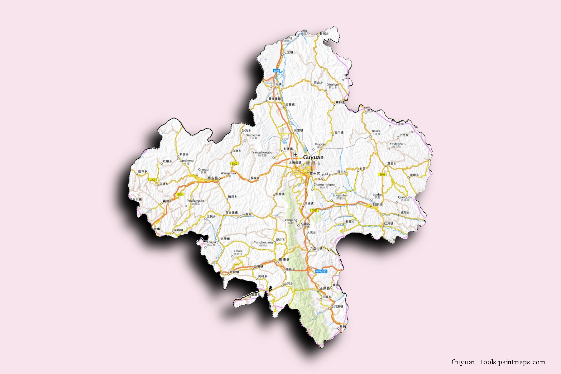 Mapa de barrios y pueblos de Guyuan con efecto de sombra 3D