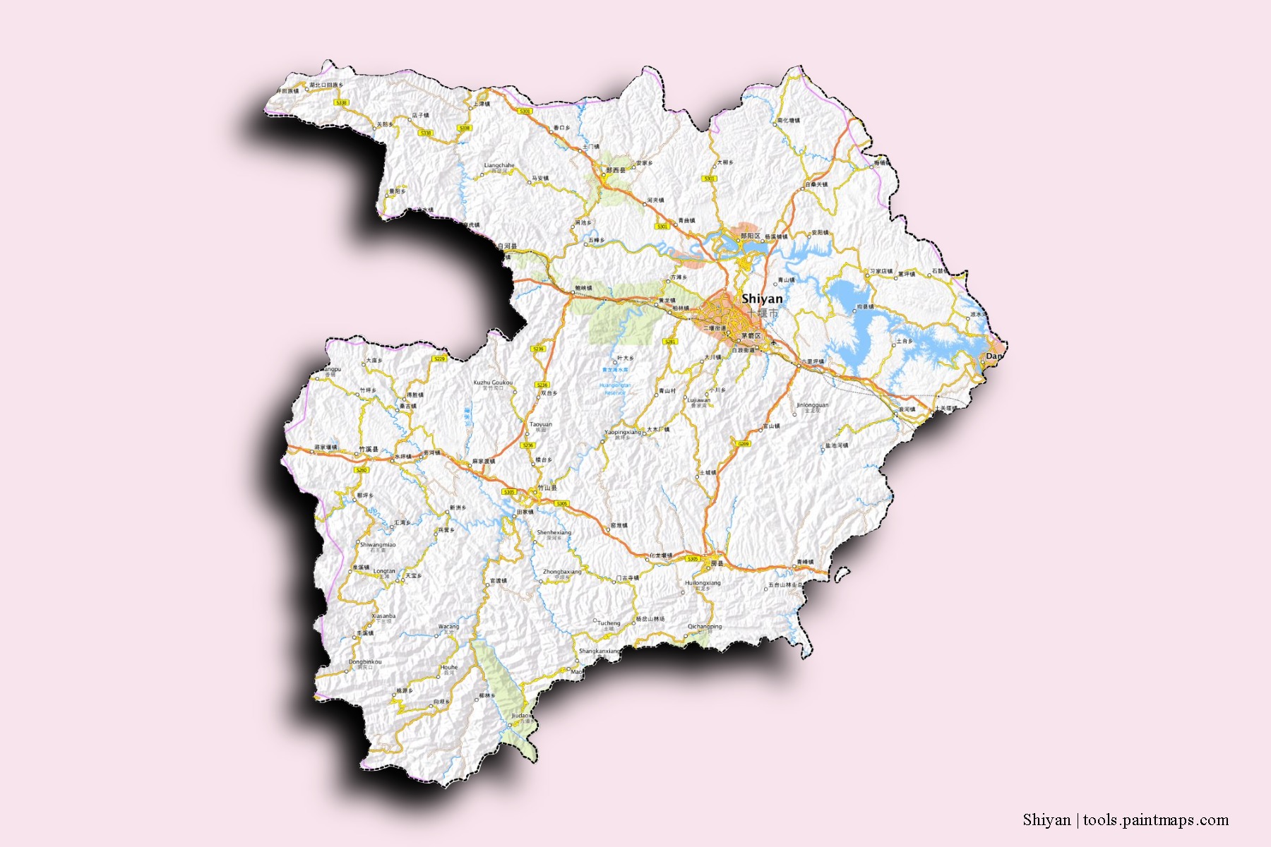 Mapa de barrios y pueblos de Shiyan con efecto de sombra 3D