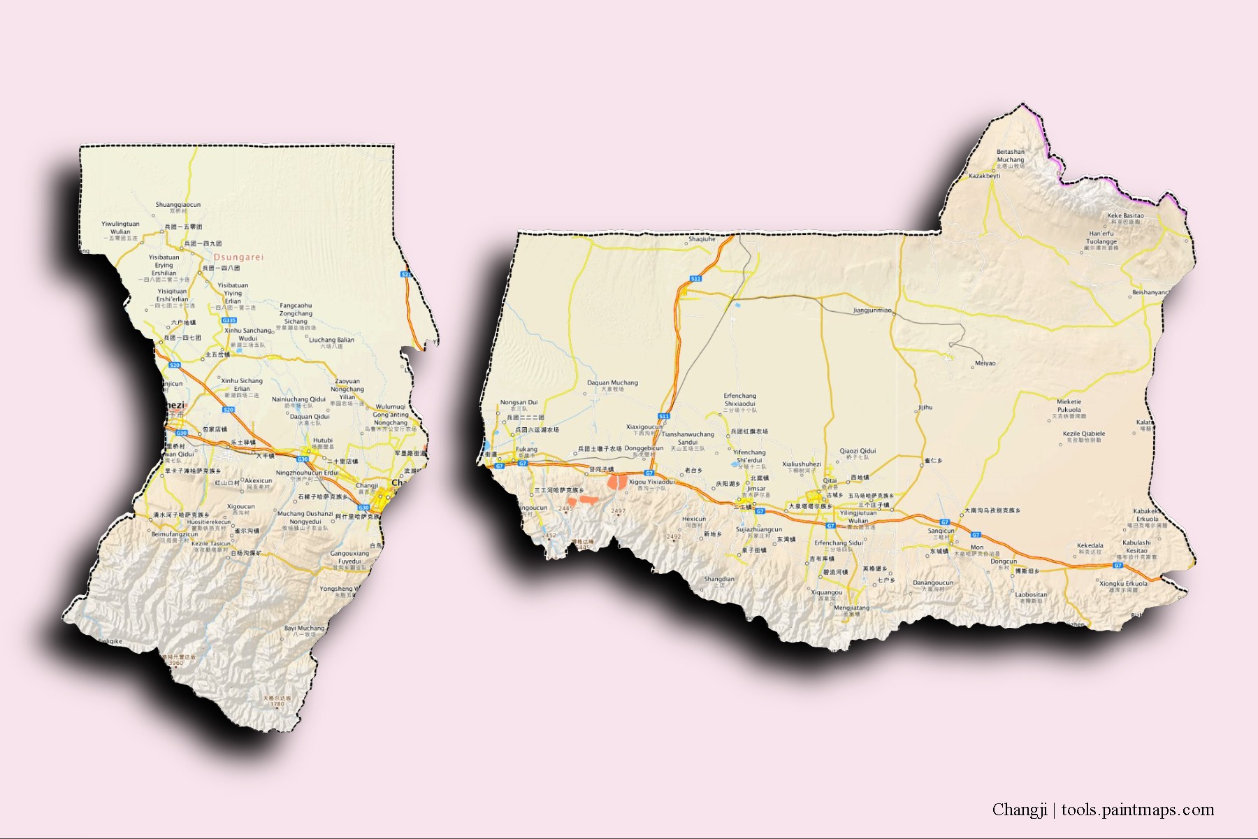 Changji neighborhoods and villages map with 3D shadow effect