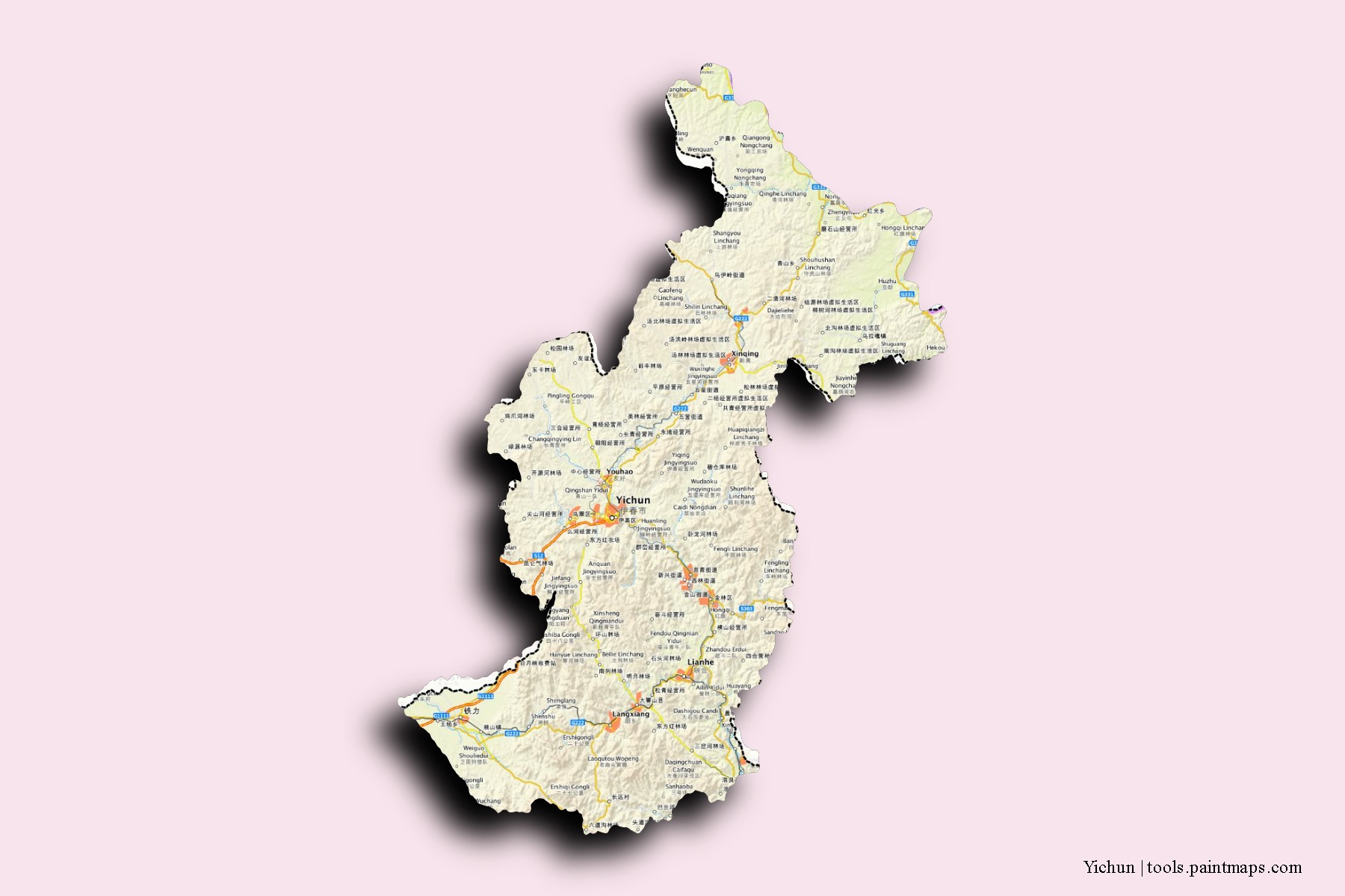 Mapa de barrios y pueblos de Yichun con efecto de sombra 3D