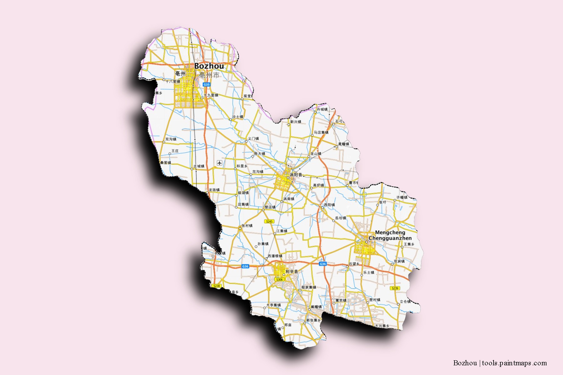 Mapa de barrios y pueblos de Bozhou con efecto de sombra 3D