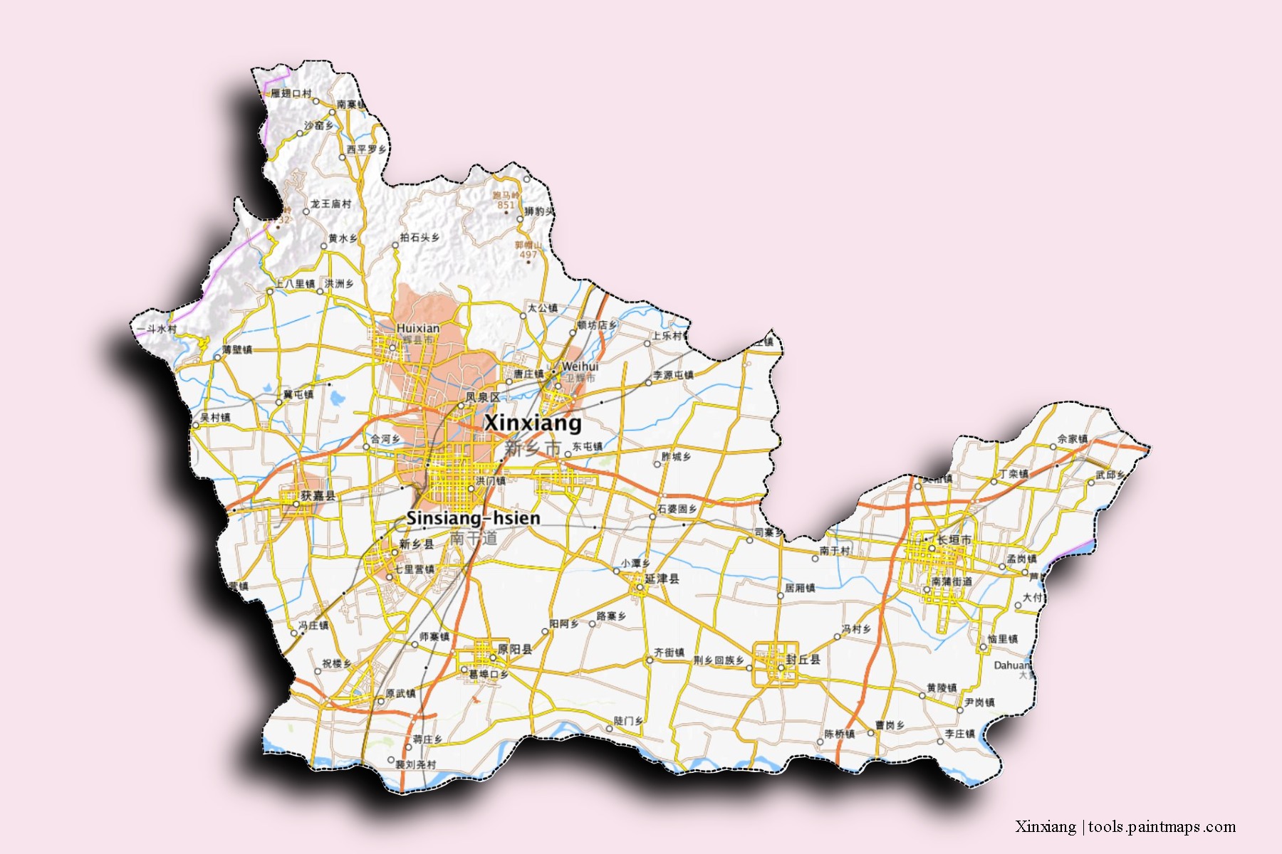 3D gölge efektli Xinxiang mahalleleri ve köyleri haritası