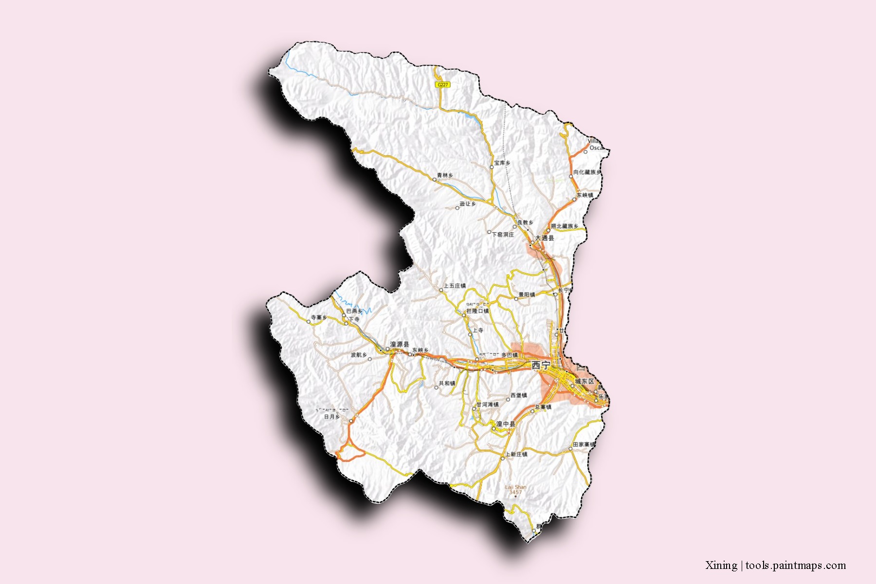 Mapa de barrios y pueblos de Xining con efecto de sombra 3D