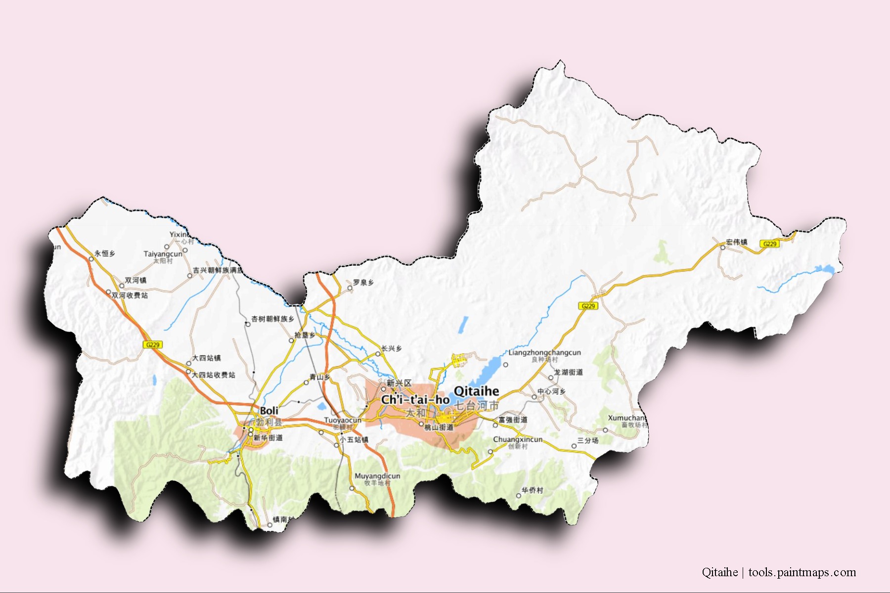 Mapa de barrios y pueblos de Qitaihe con efecto de sombra 3D