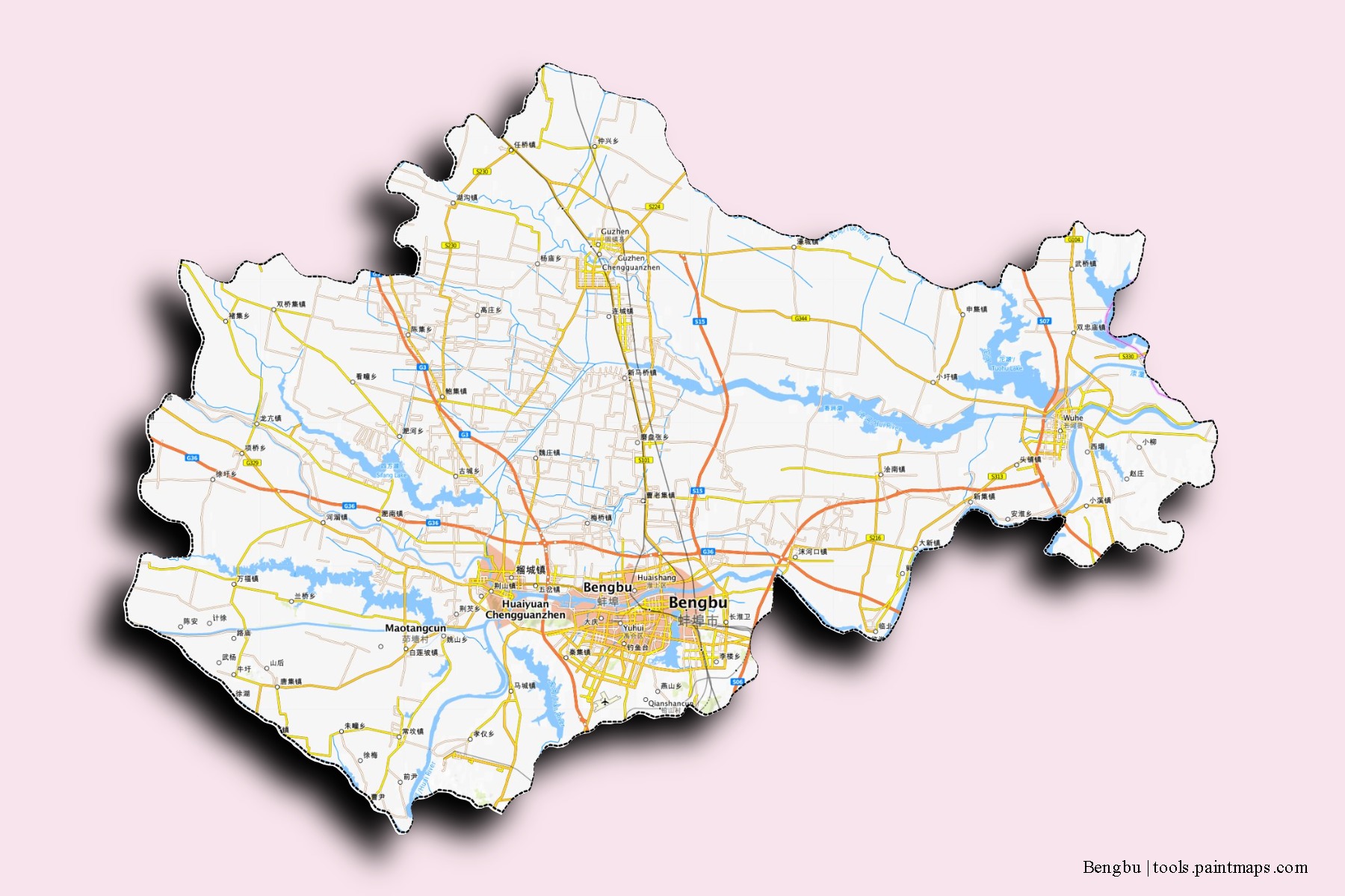 Mapa de barrios y pueblos de Bengbu con efecto de sombra 3D