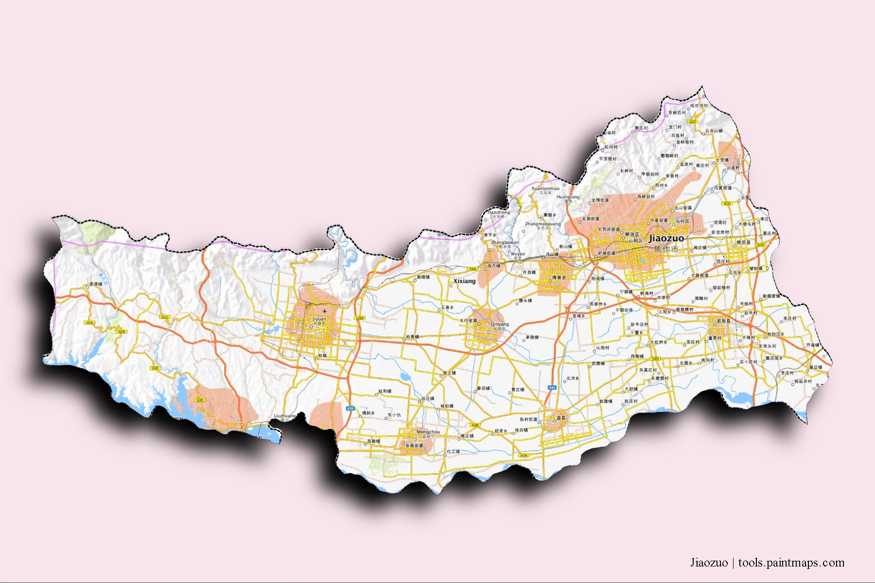 Jiaozuo neighborhoods and villages map with 3D shadow effect