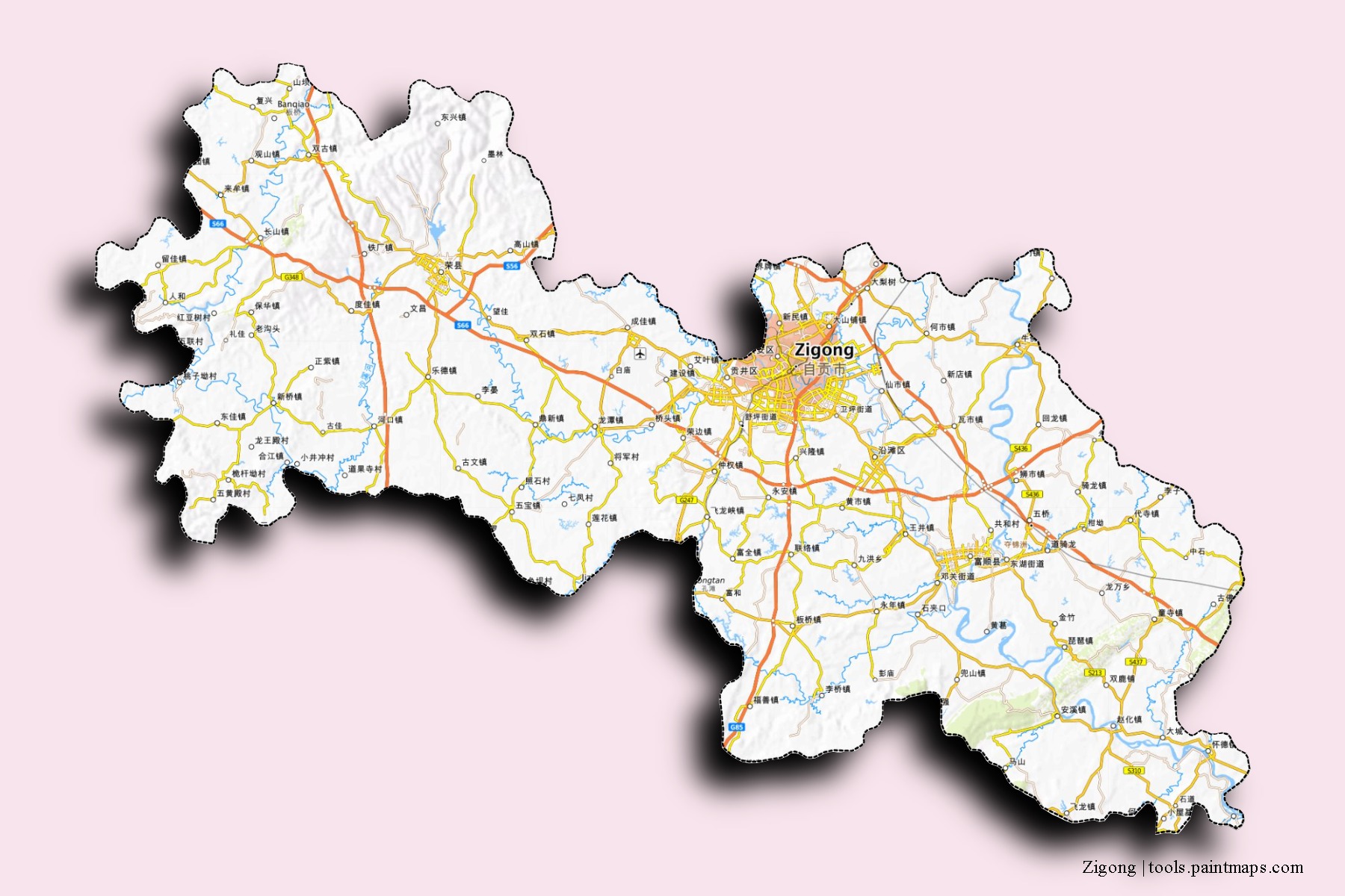 Mapa de barrios y pueblos de Zigong con efecto de sombra 3D