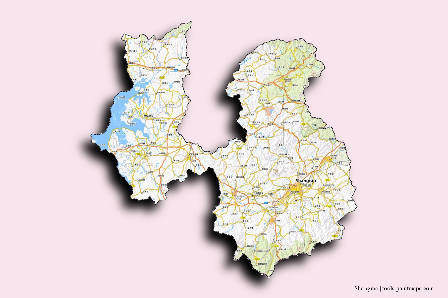 Shangrao neighborhoods and villages map with 3D shadow effect