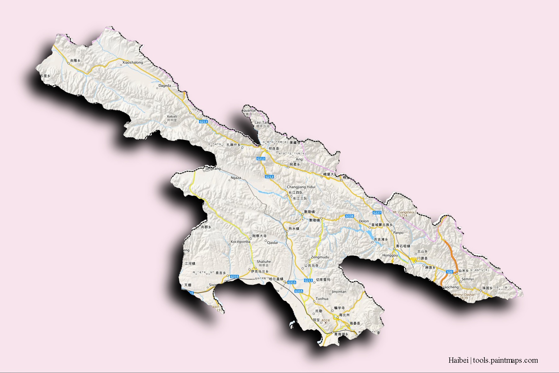 Mapa de barrios y pueblos de Haibei con efecto de sombra 3D