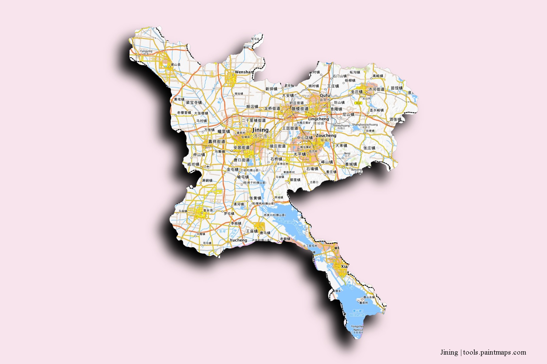 Mapa de barrios y pueblos de Jining con efecto de sombra 3D