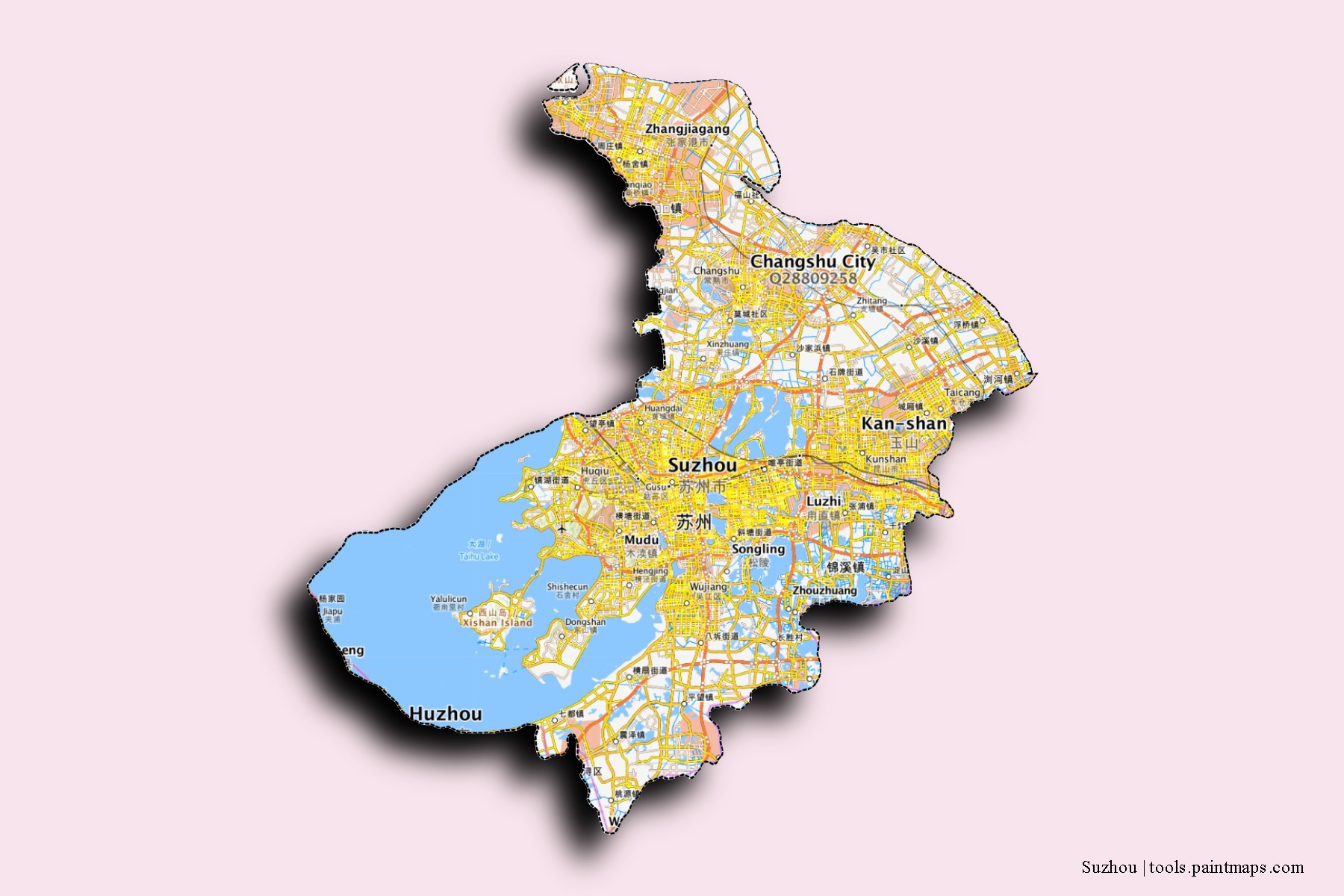 Mapa de barrios y pueblos de Suzhou con efecto de sombra 3D