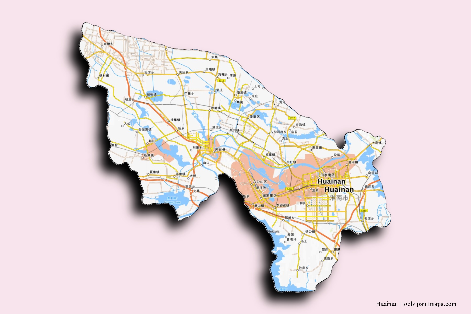 Huainan neighborhoods and villages map with 3D shadow effect