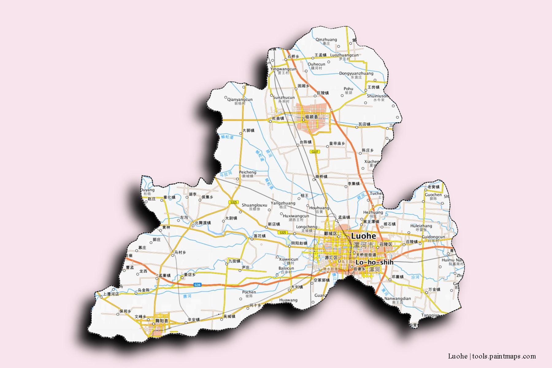 Mapa de barrios y pueblos de Luohe con efecto de sombra 3D