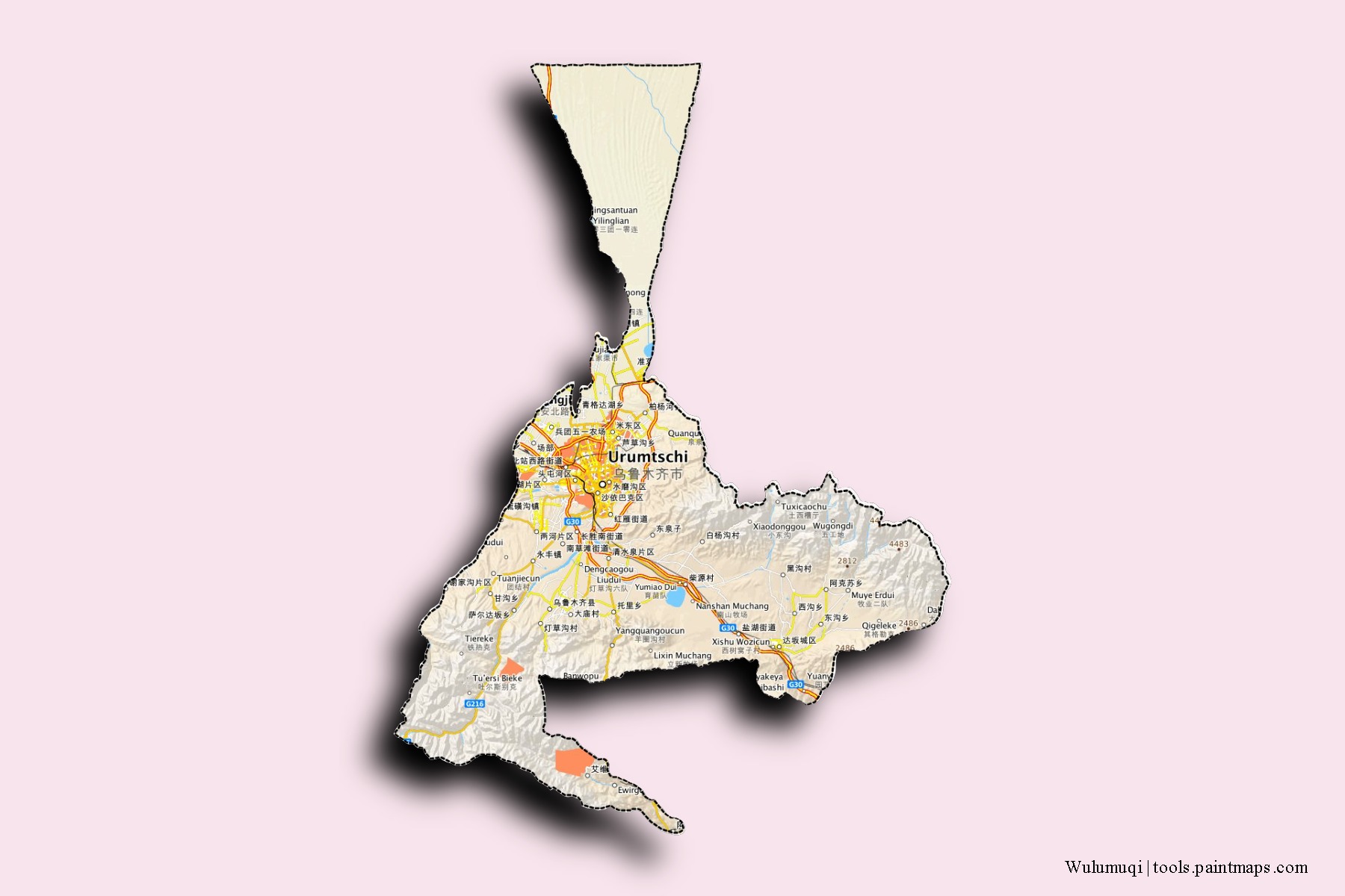 Wulumuqi neighborhoods and villages map with 3D shadow effect