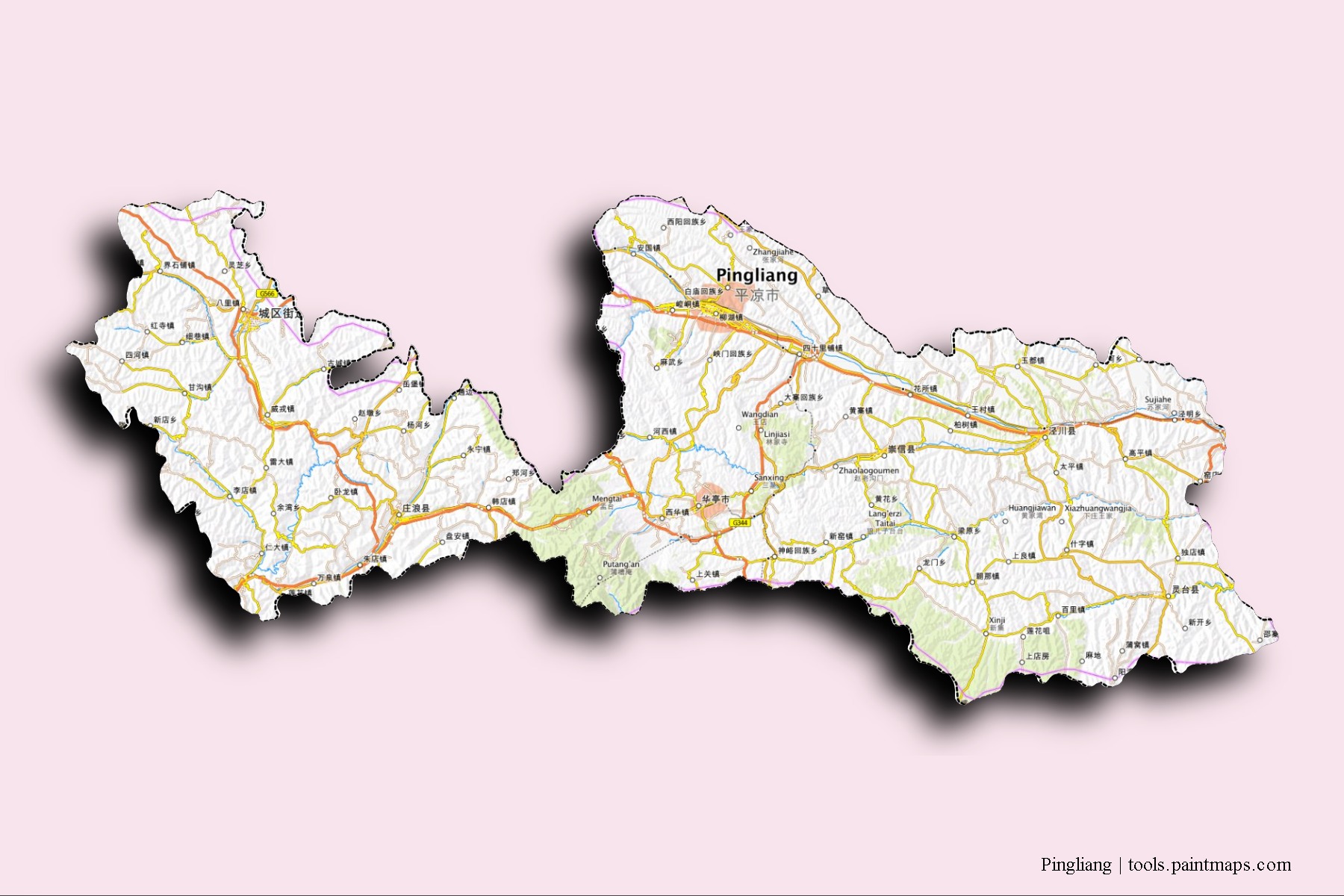 Mapa de barrios y pueblos de Pingliang con efecto de sombra 3D