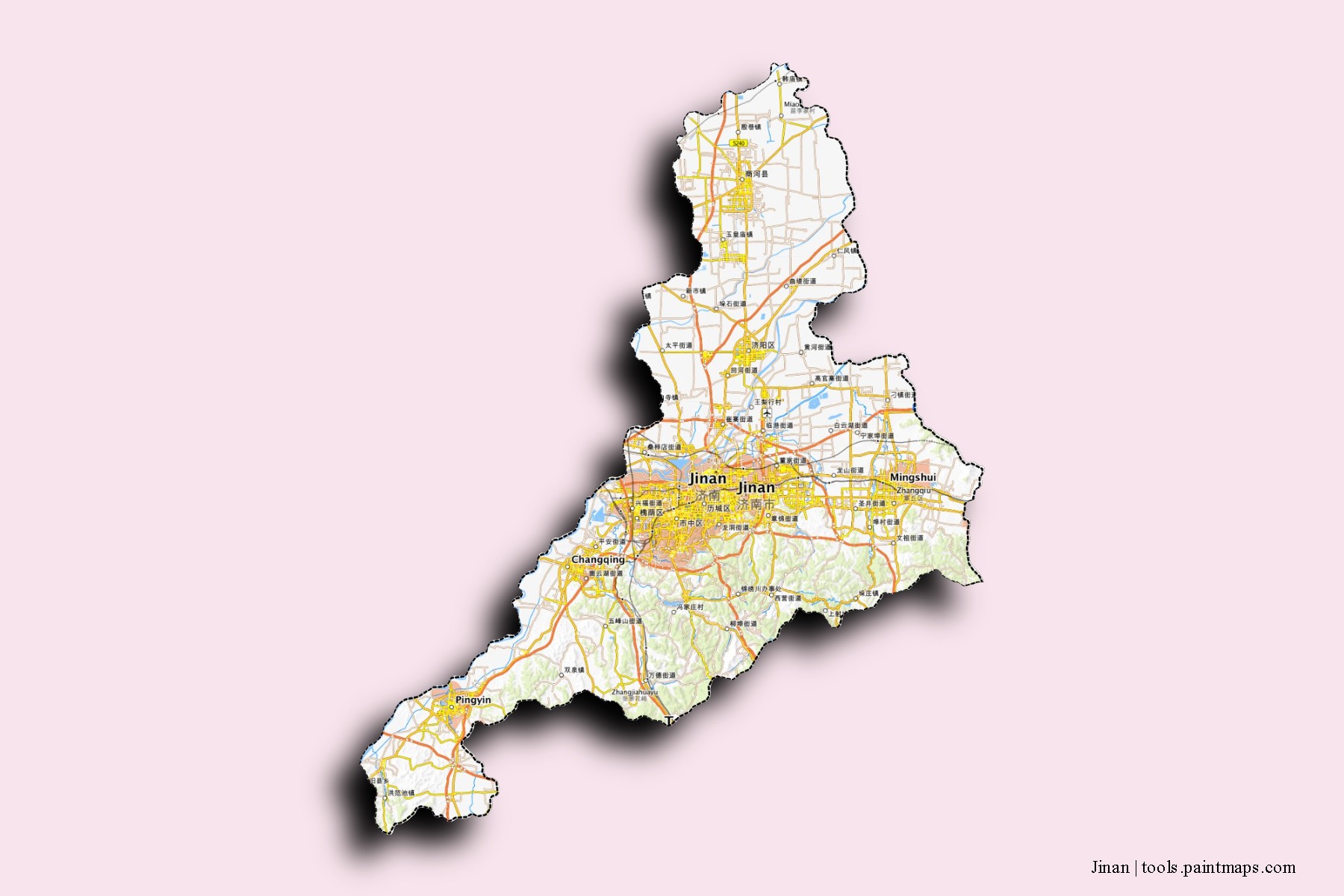 Mapa de barrios y pueblos de Jinan con efecto de sombra 3D