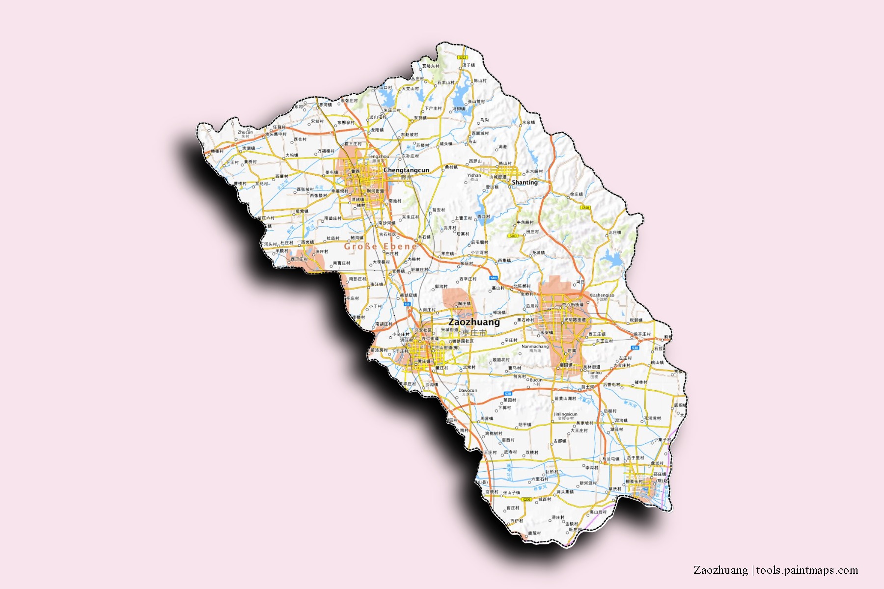 Zaozhuang neighborhoods and villages map with 3D shadow effect