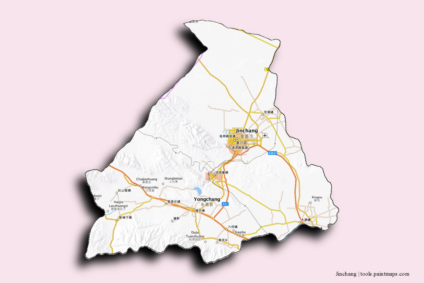 Mapa de barrios y pueblos de Jinchang con efecto de sombra 3D