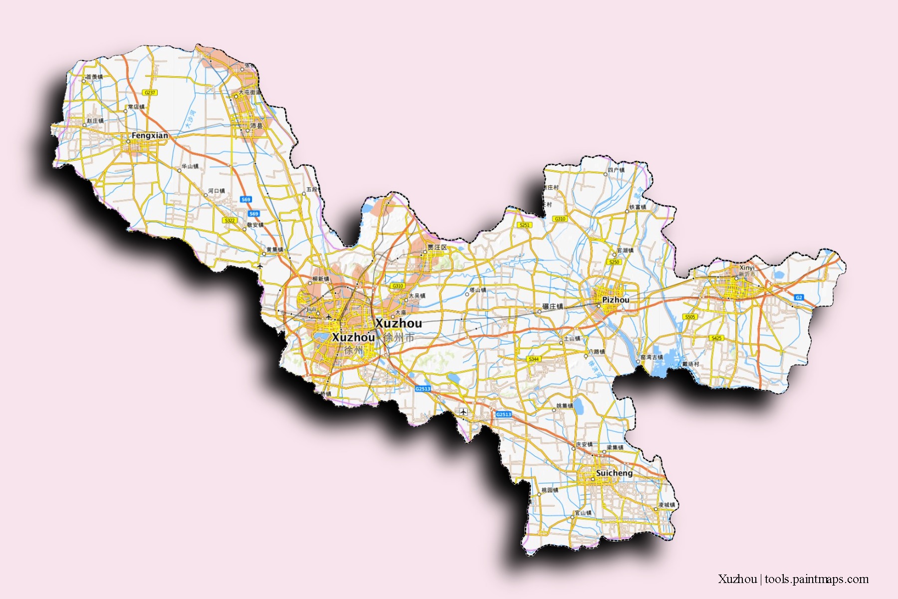 Mapa de barrios y pueblos de Xuzhou con efecto de sombra 3D