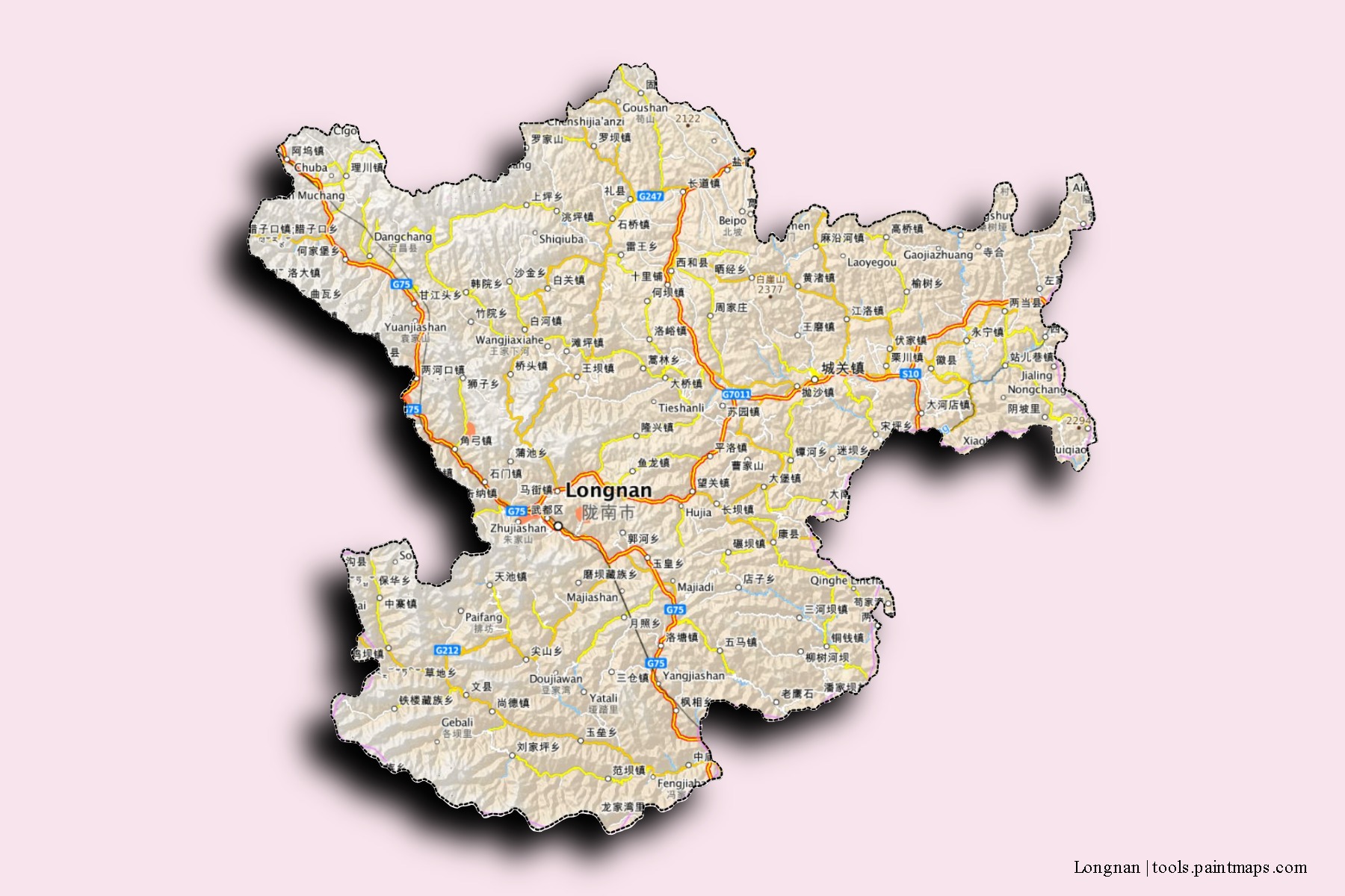 Mapa de barrios y pueblos de Longnan con efecto de sombra 3D